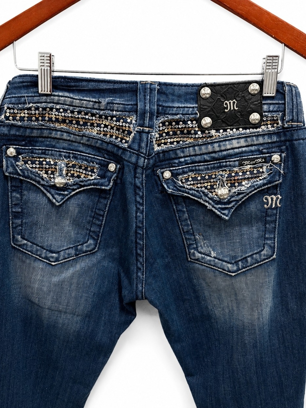 Miss Me Y2K Bootcut Jeans Womens 30 Blue Stretch Denim Sequin Flap Pocket
